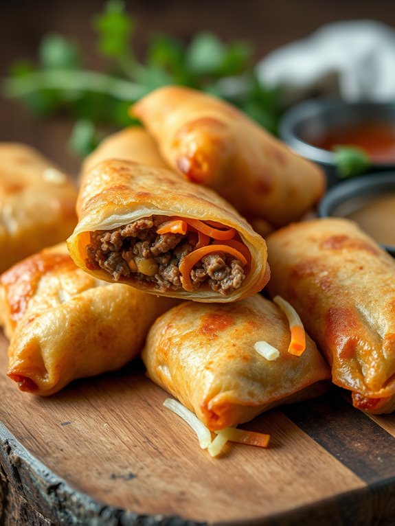 crispy beef filled egg rolls