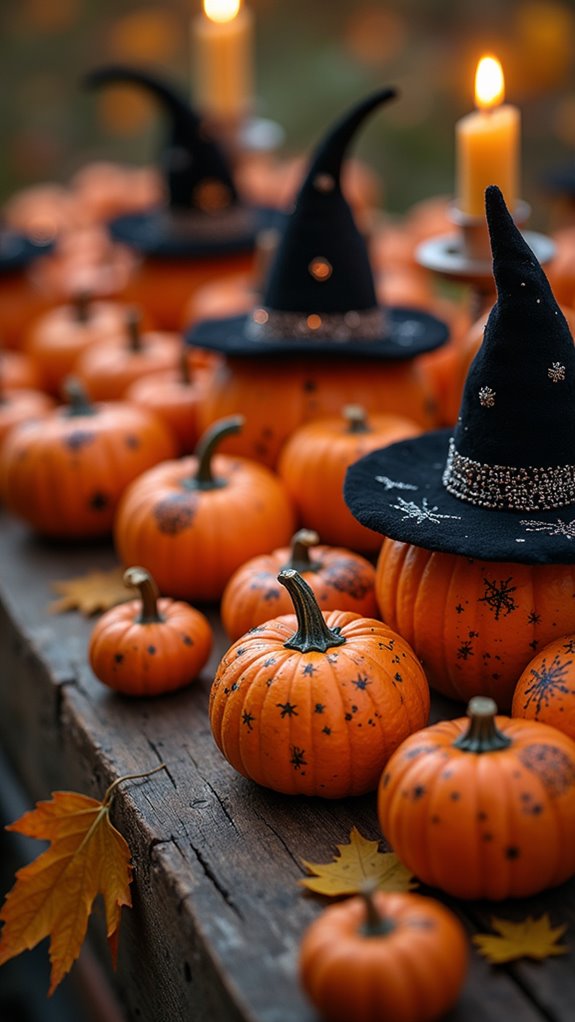 charming witch hats on pumpkins