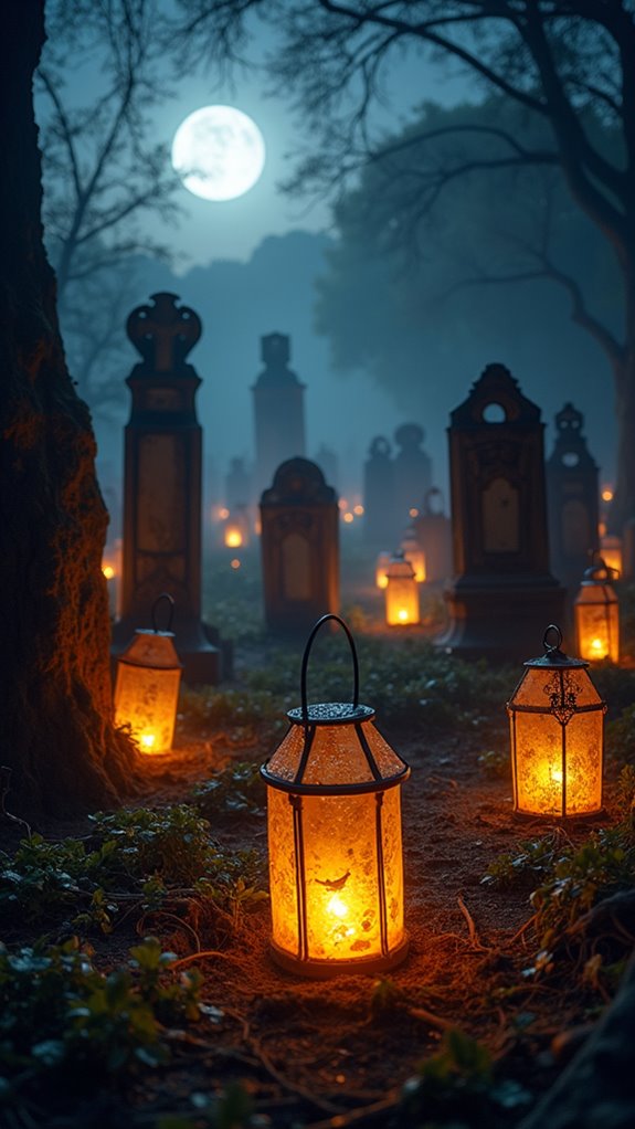 glowing gravestones with lanterns