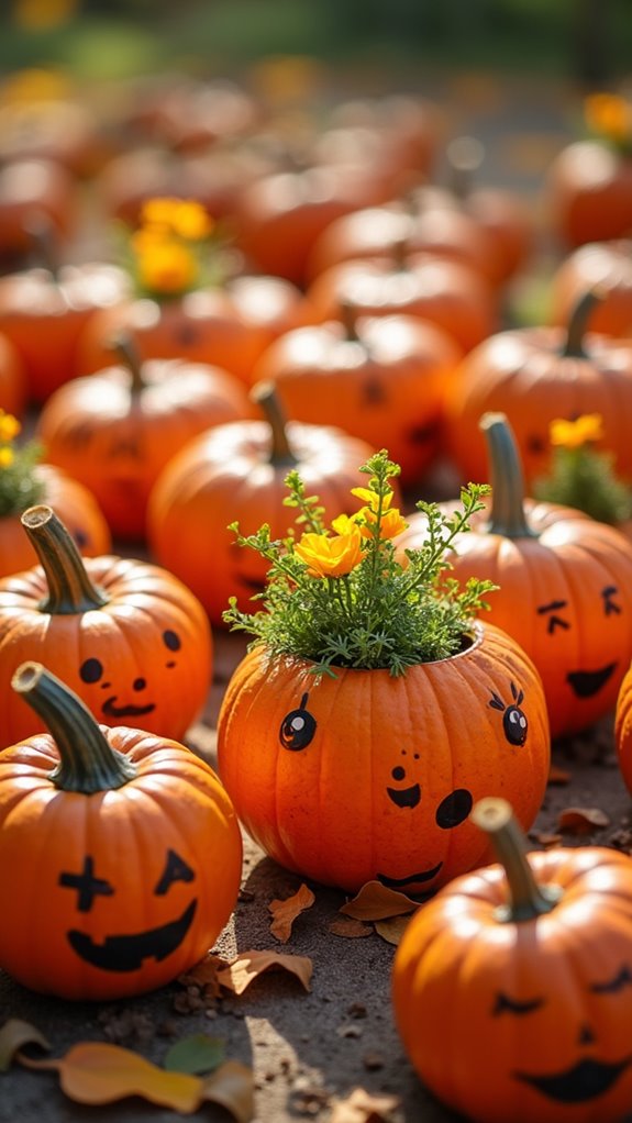 pumpkin planters with flowers