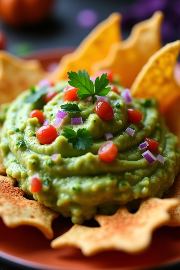 spooky guacamole with bat chips