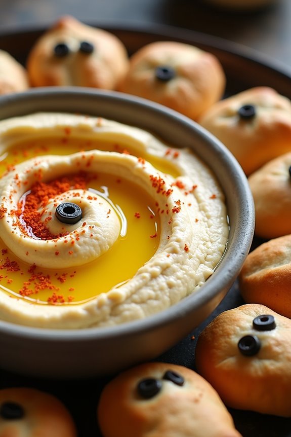 spooky hummus with pita ghosts