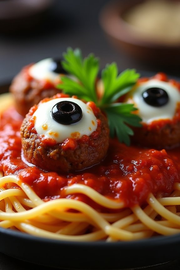 spooky spaghetti with eyeball meatballs