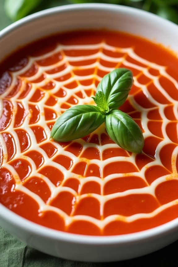 spooky spiderweb tomato soup