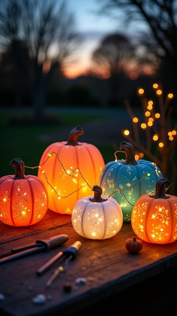 string lights on pumpkins