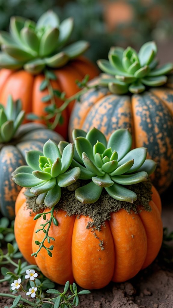 succulents in carved pumpkins