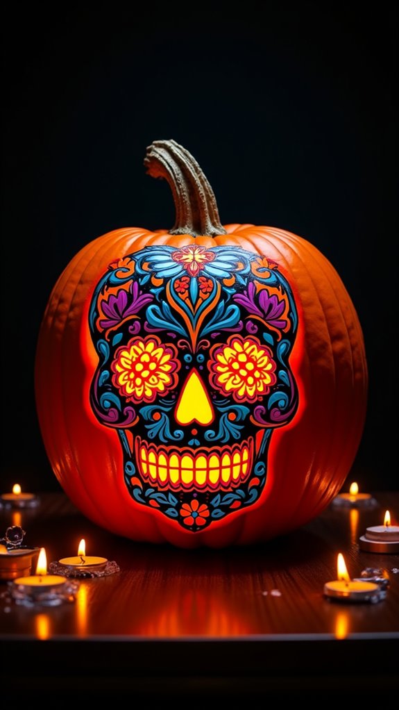 vibrant sugar skull pumpkin