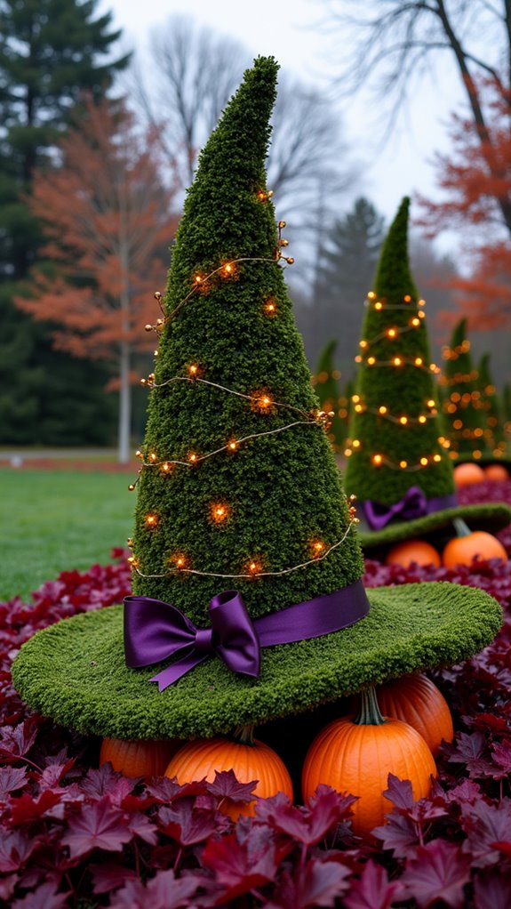 whimsical witch hat topiaries