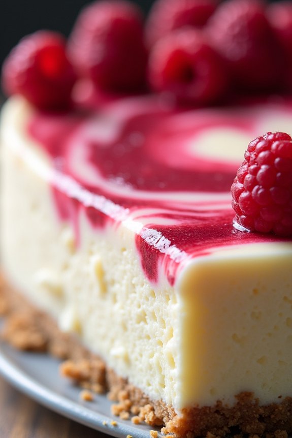 decadent cheesecake with raspberries