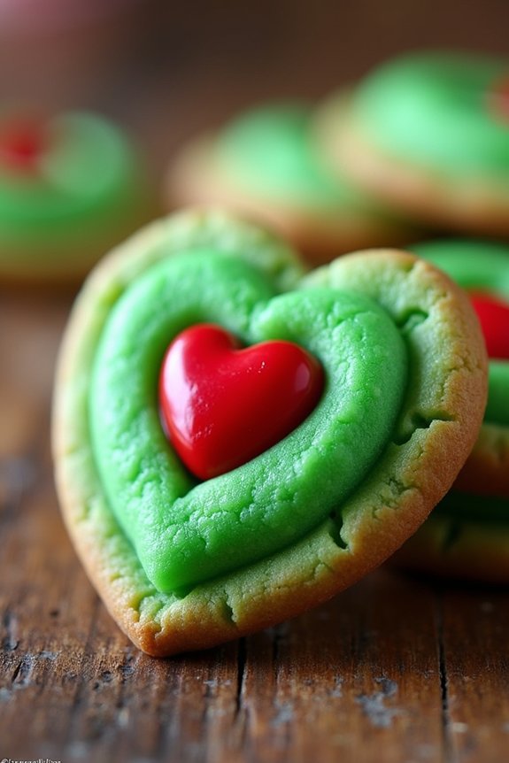 grinch themed festive heart cookies
