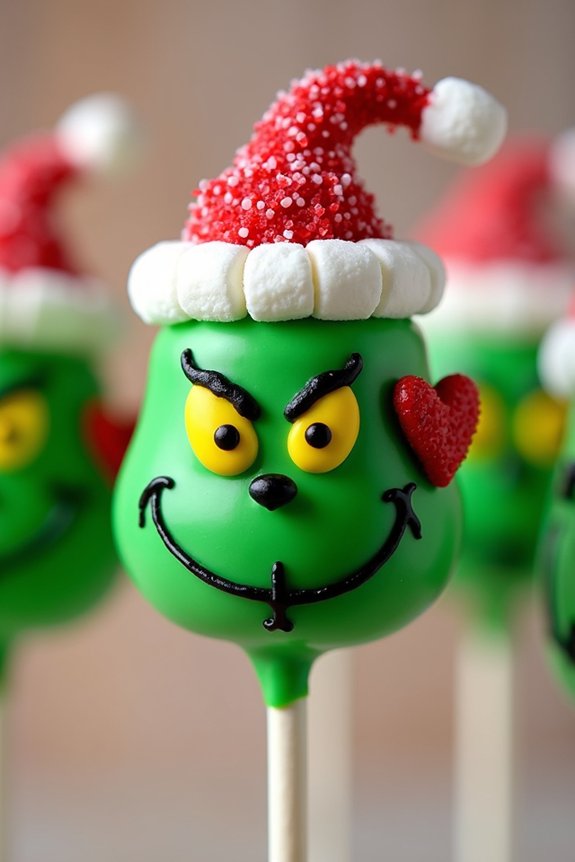 grinch themed festive marshmallow pops