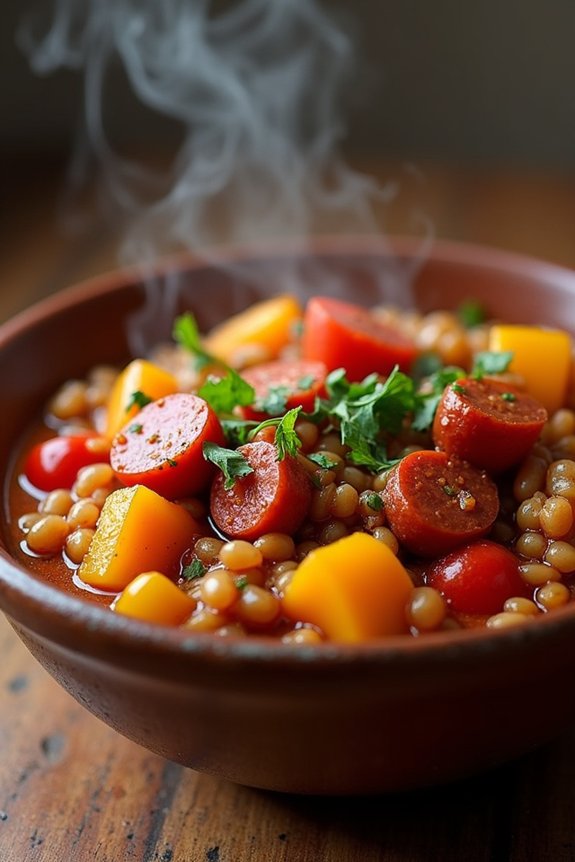 hearty chorizo barley stew