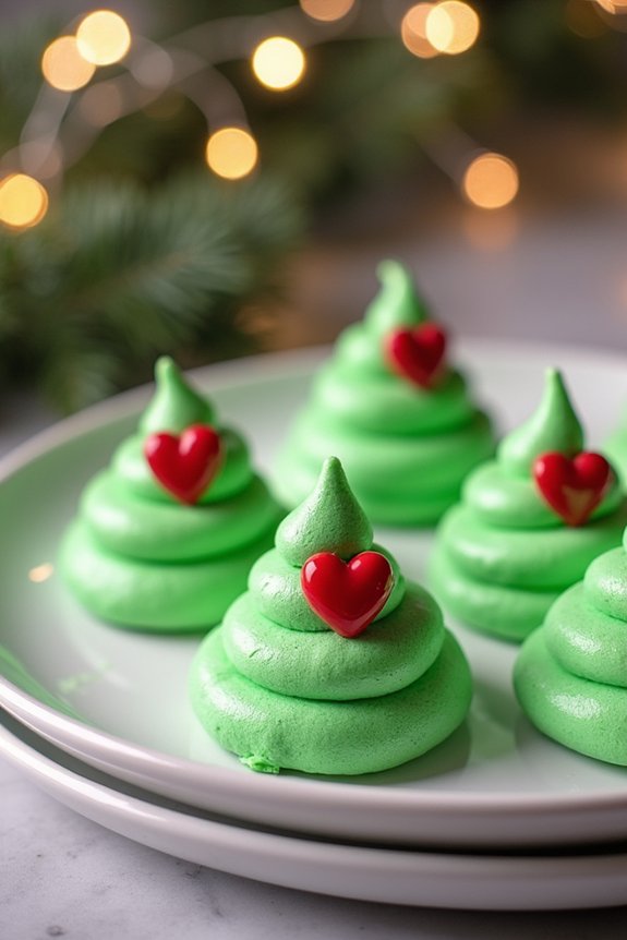 whimsical grinch inspired meringue cookies