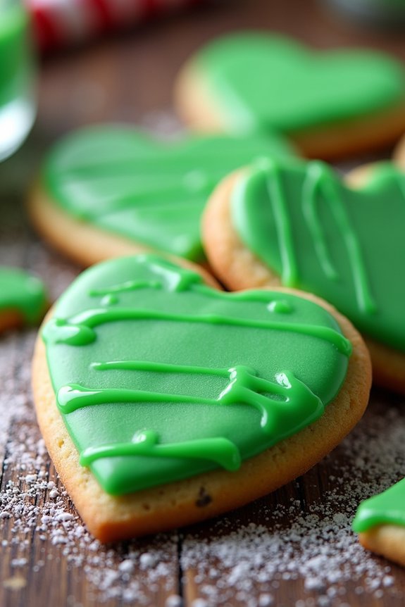 whimsical heart shaped grinch cookies