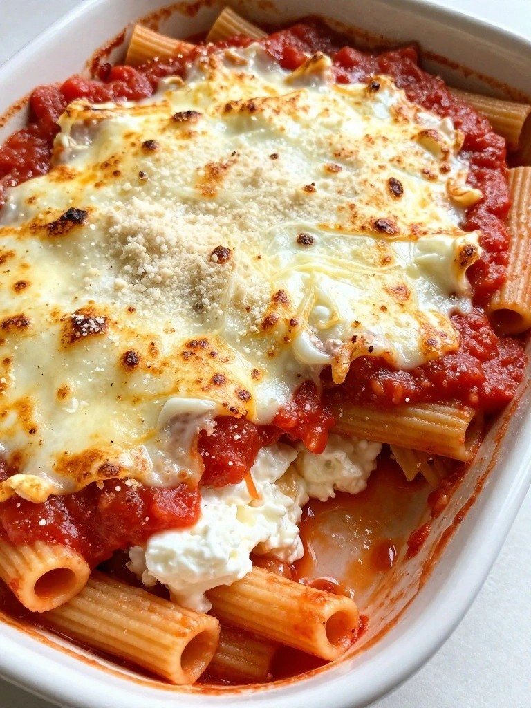 Baked rigatoni pasta in red sauce topped with melted cheese.