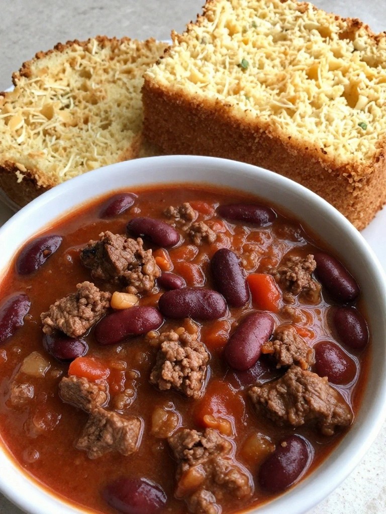 Bowl of beef and bean chili with cornbread slices.