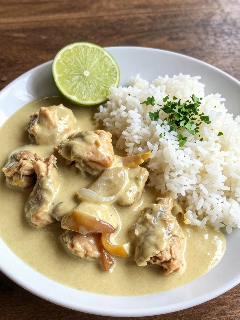 Chicken curry in creamy sauce with rice and lime slice.