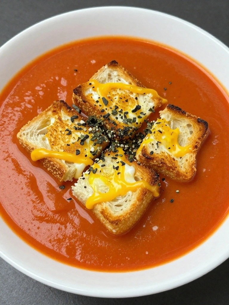 Bowl of tomato soup topped with cheesy garlic toast croutons.