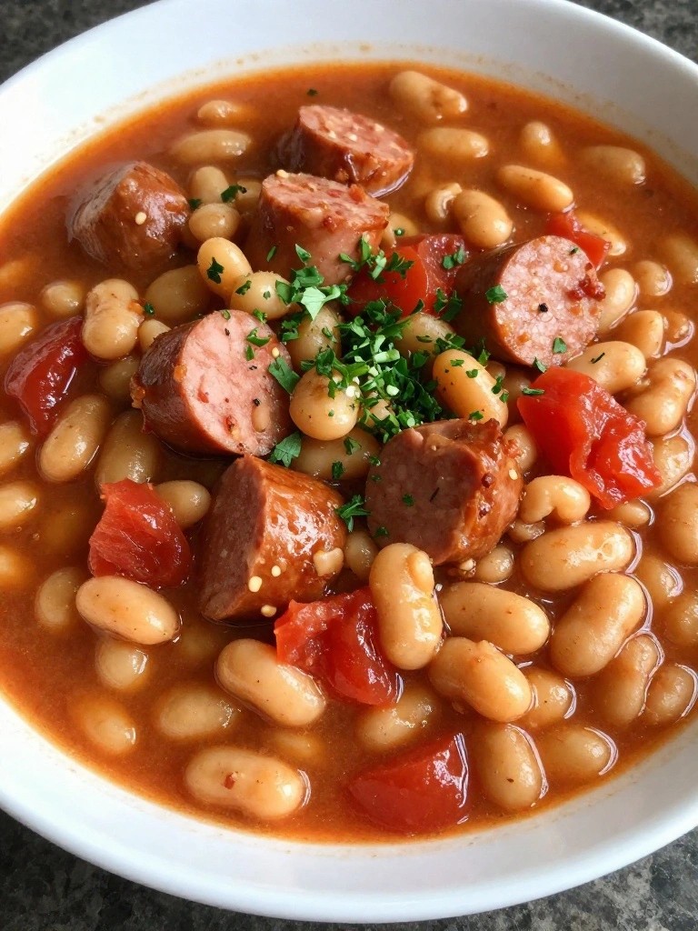 Bowl of white bean stew with sliced sausage and chopped parsley.