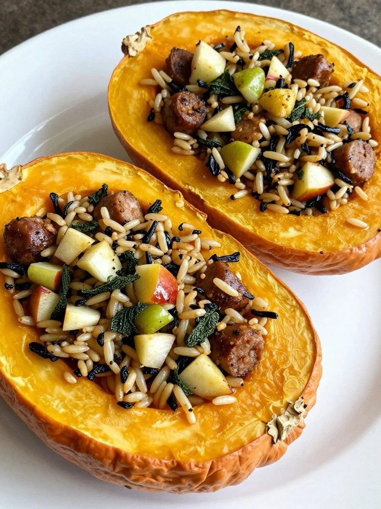Stuffed butternut squash with sausage, wild rice, and diced apples.