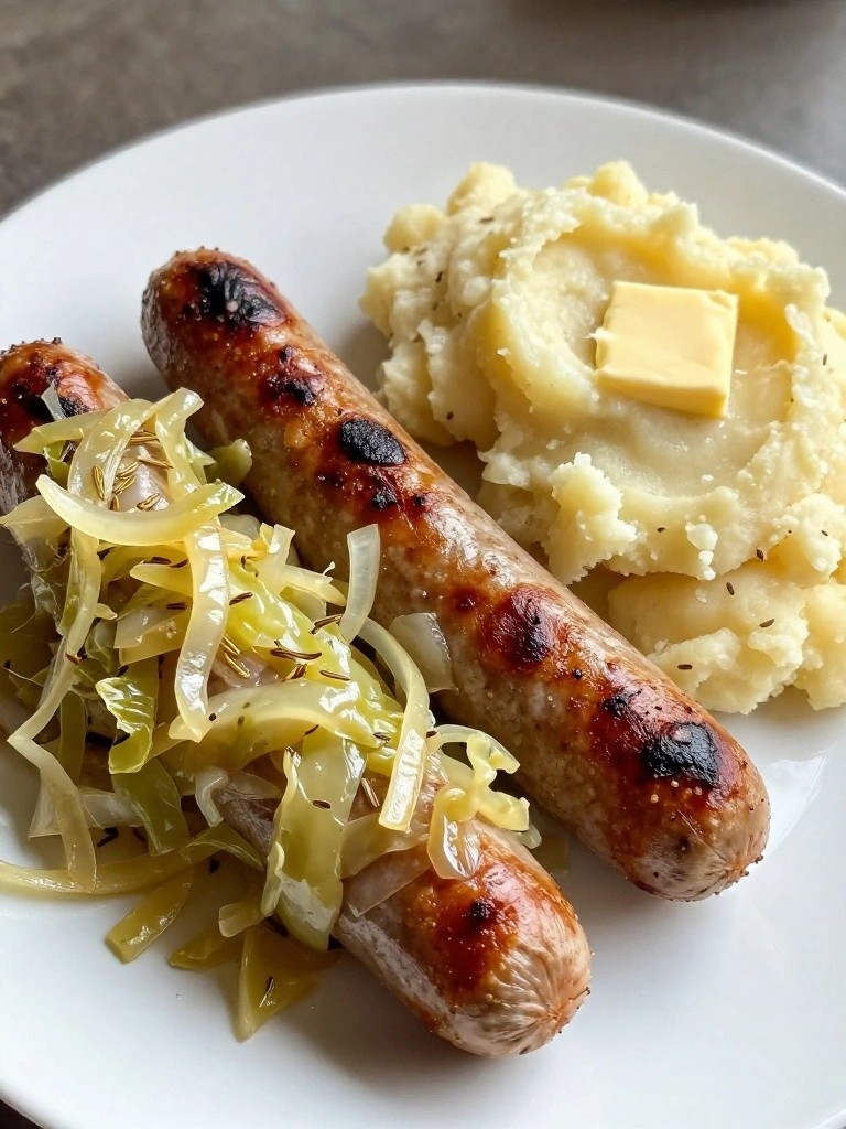 Grilled sausages with sauerkraut and buttered mashed potatoes on a white plate.