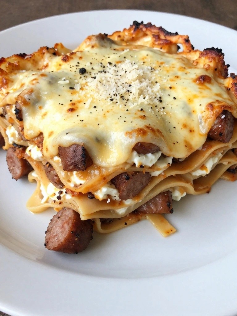 Cheesy lasagna with sausage layers and melted mozzarella on a white plate.
