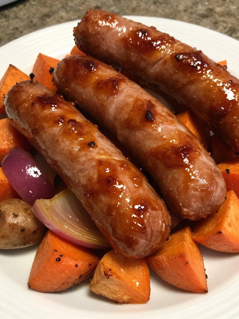 Glazed sausages with sweet potato chunks and red onion slices.