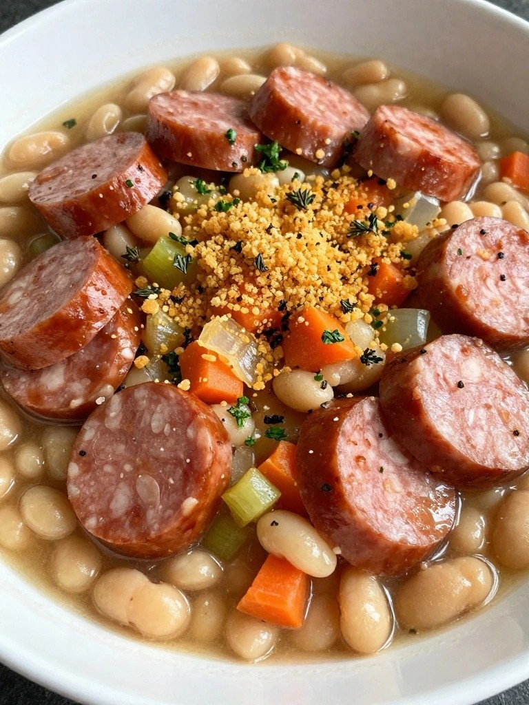 Bowl of white bean soup with sliced sausage, carrots, and herbs.