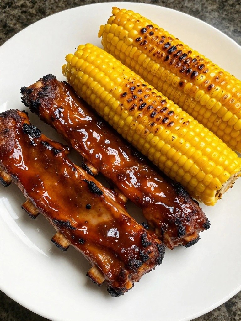 Glazed barbecue ribs and charred corn on a white plate.