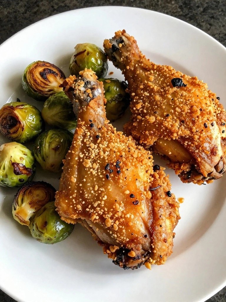 Crispy breaded chicken drumsticks with roasted Brussels sprouts on a white plate.