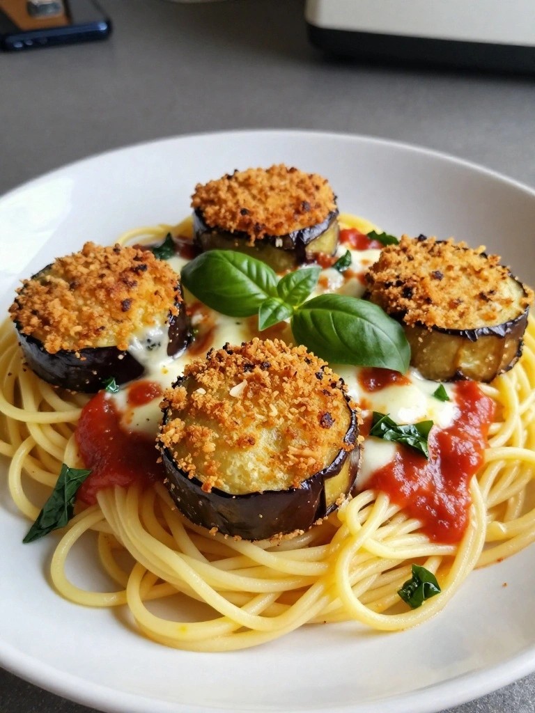 Eggplant parmesan slices with basil atop spaghetti in a white bowl.