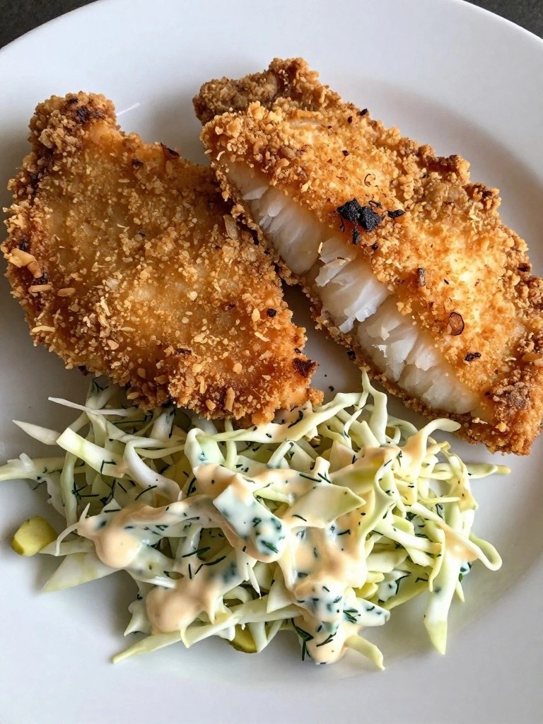 Crispy breaded fish fillets with creamy coleslaw on a white plate.