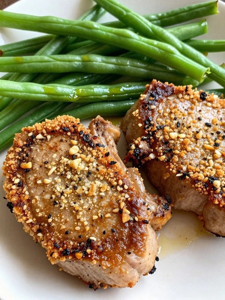 Seared pork chops with peanut crust and green beans on a white plate.