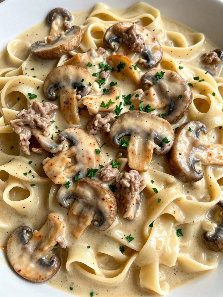 Creamy Mushroom Stroganoff over Egg Noodles