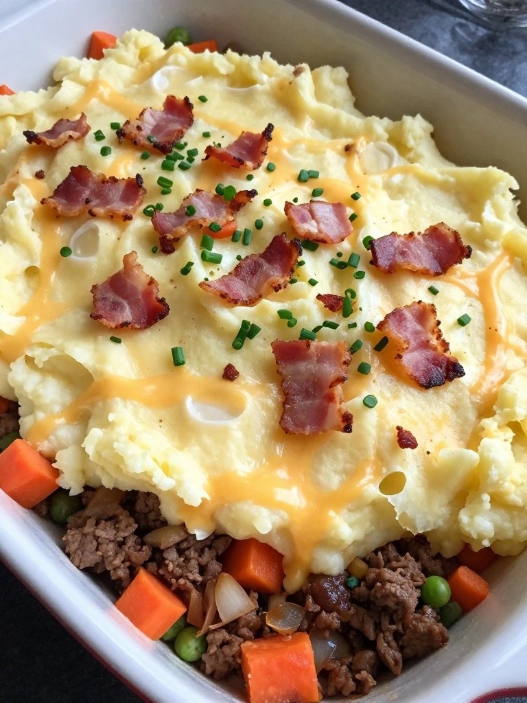 Loaded Shepherd’s Pie with Sharp Cheddar Mashed Potatoes
