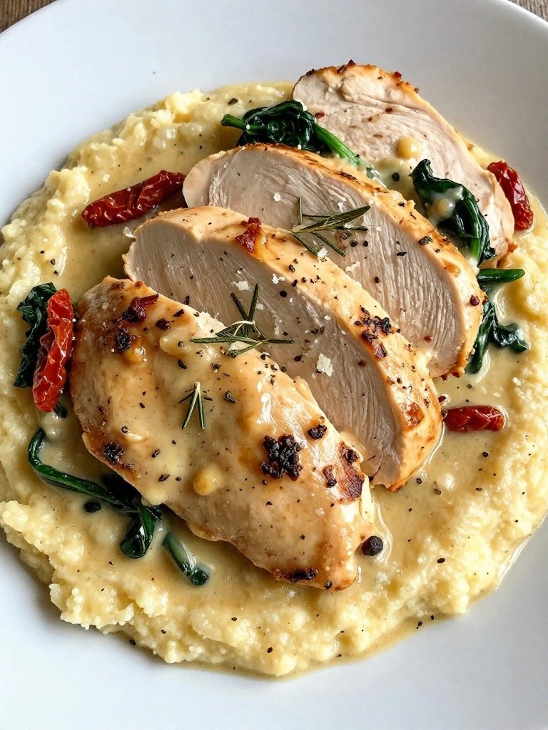 Crockpot Creamy Tuscan Chicken over Herbed Polenta