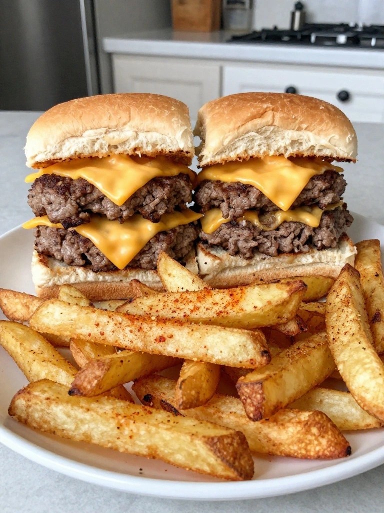 Double cheeseburgers with fries on a white plate.