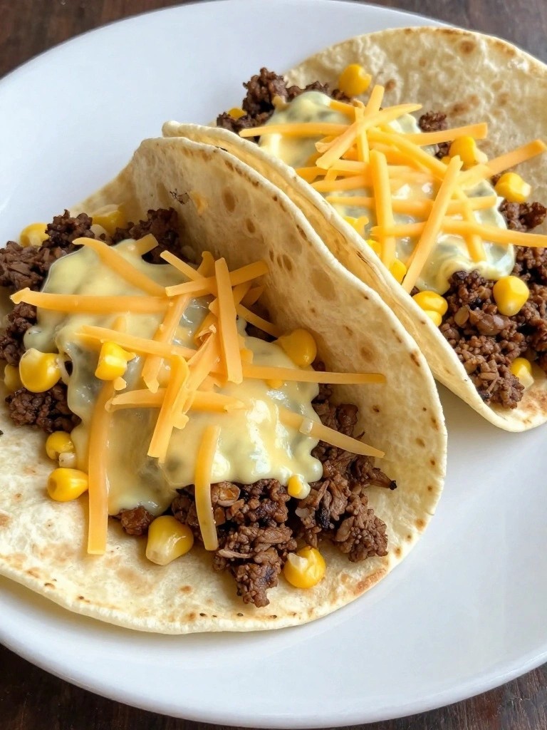 Three ground beef tacos with melted cheese sauce and corn kernels.