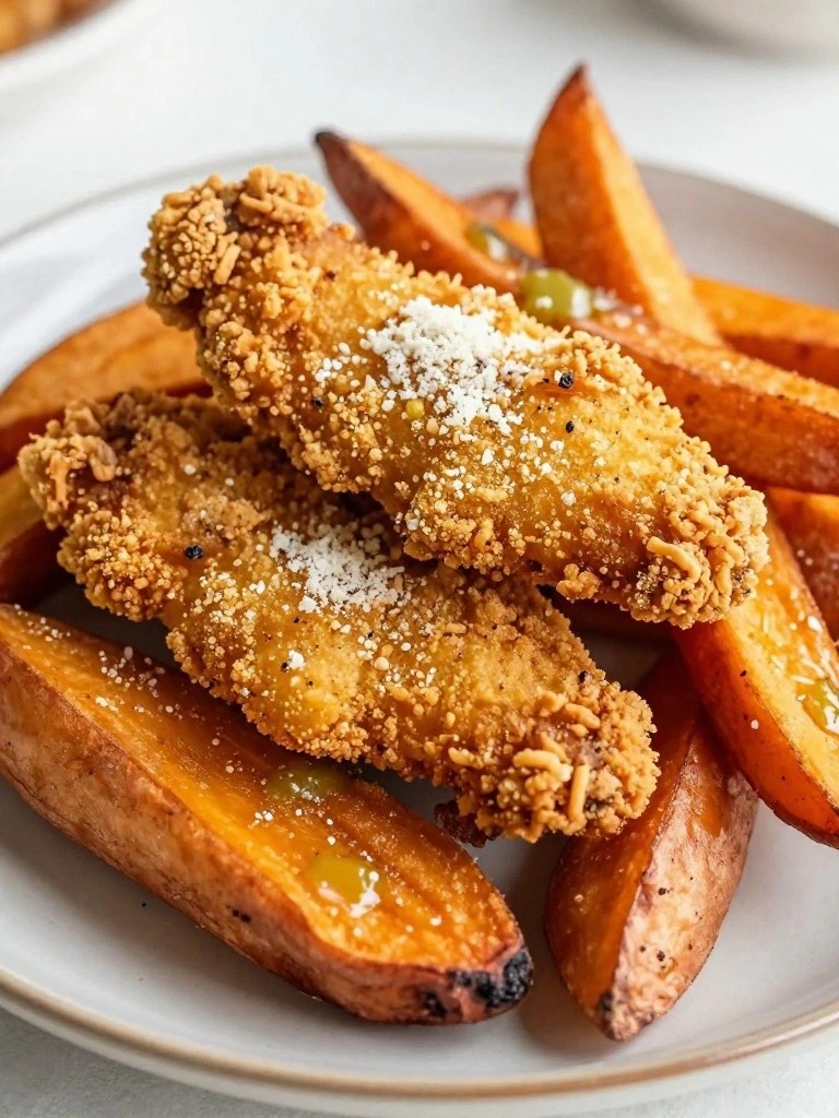 Crispy fried chicken tenders on roasted sweet potato wedges.