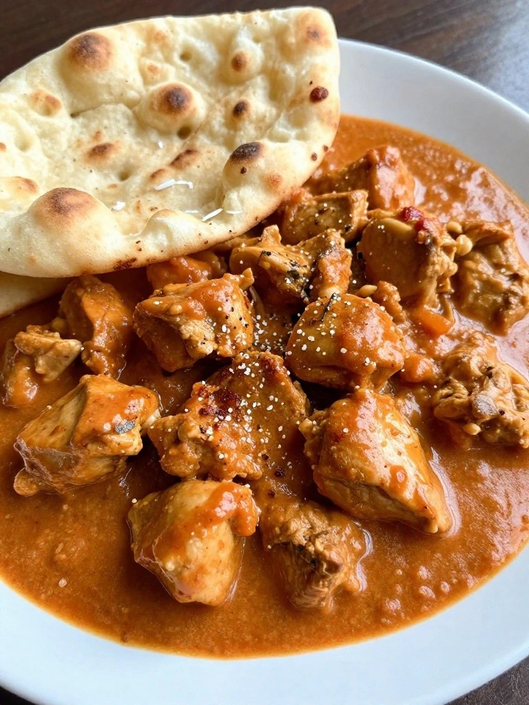 Chicken curry with naan bread in a white bowl.