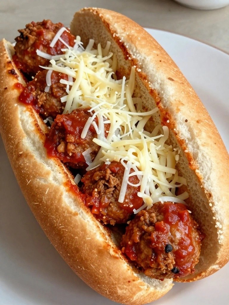 Meatball sub with marinara sauce and shredded cheese in a hoagie roll.