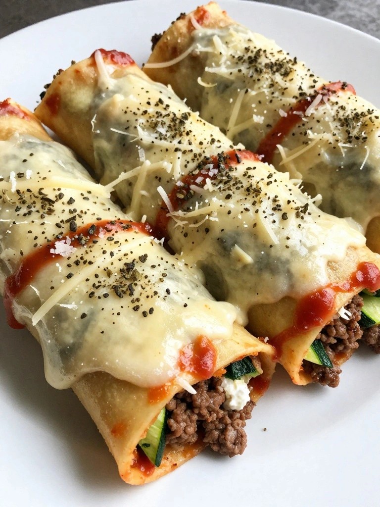 Cheesy beef and zucchini cannelloni topped with herbs and tomato sauce.