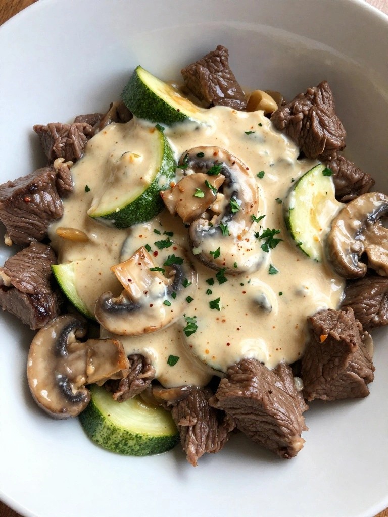 Low Carb Beef Stroganoff with Mushrooms and Zucchini