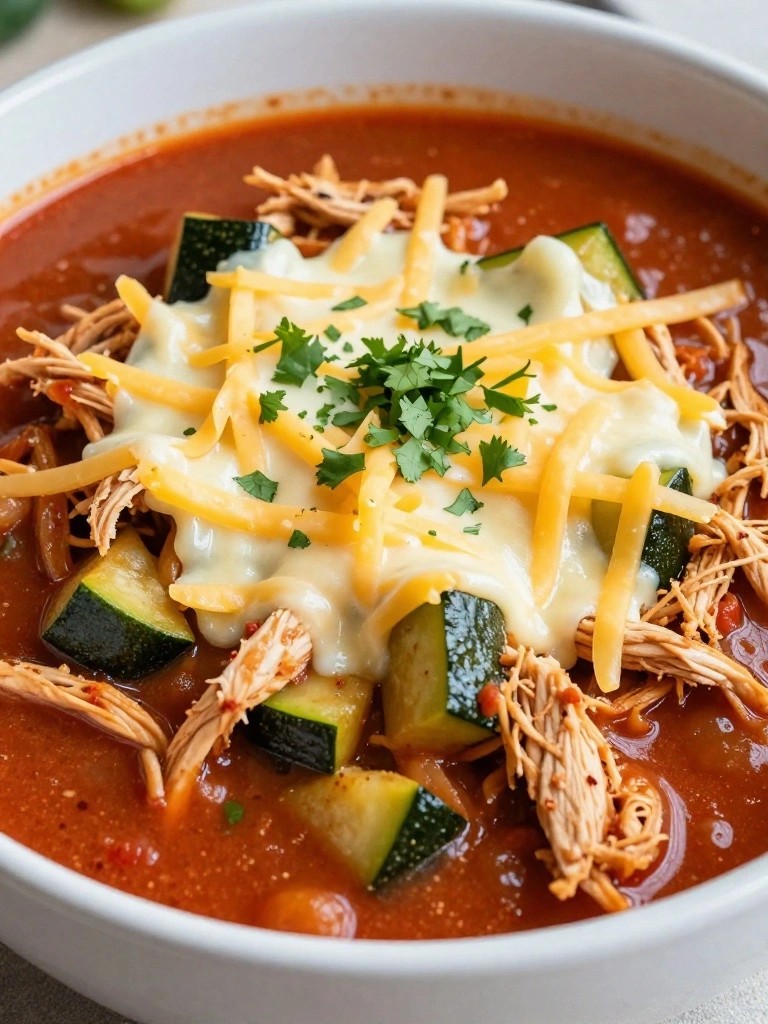 Mexican Shredded Chicken Chili with Zucchini and Cheese