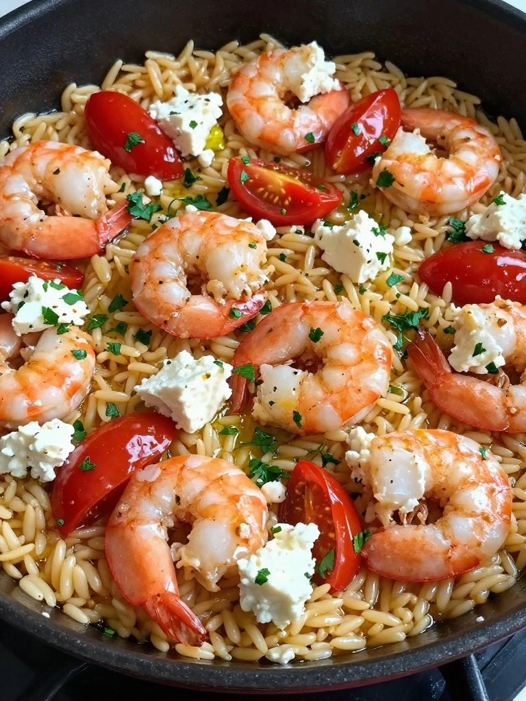 Baked Shrimp with Tomatoes, Feta, and Orzo