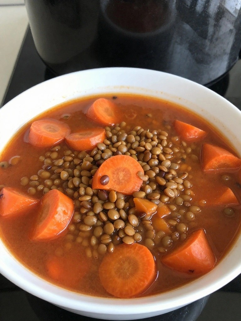 Bowl of lentil soup with sliced carrots in reddish broth.