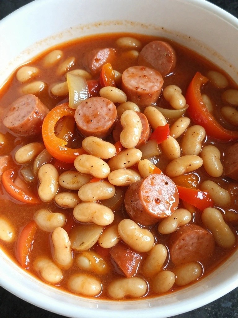 Bowl of sausage, beans, and peppers in tomato sauce.