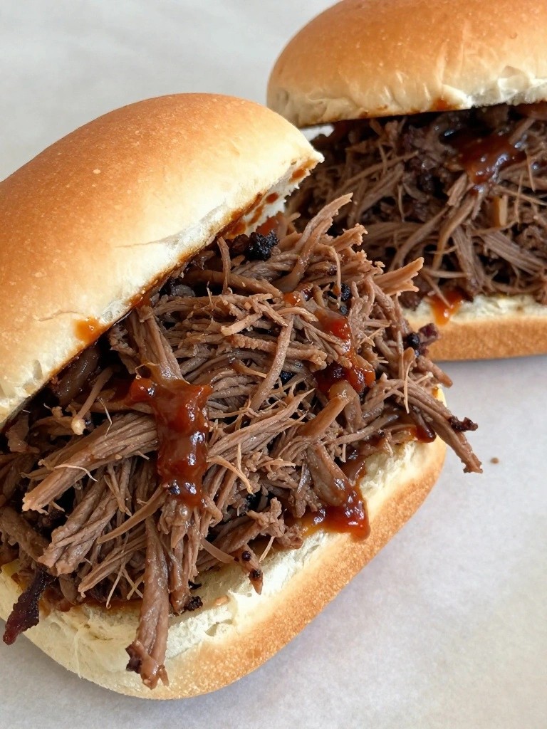 Pulled pork sandwiches with glossy barbecue sauce on soft buns.