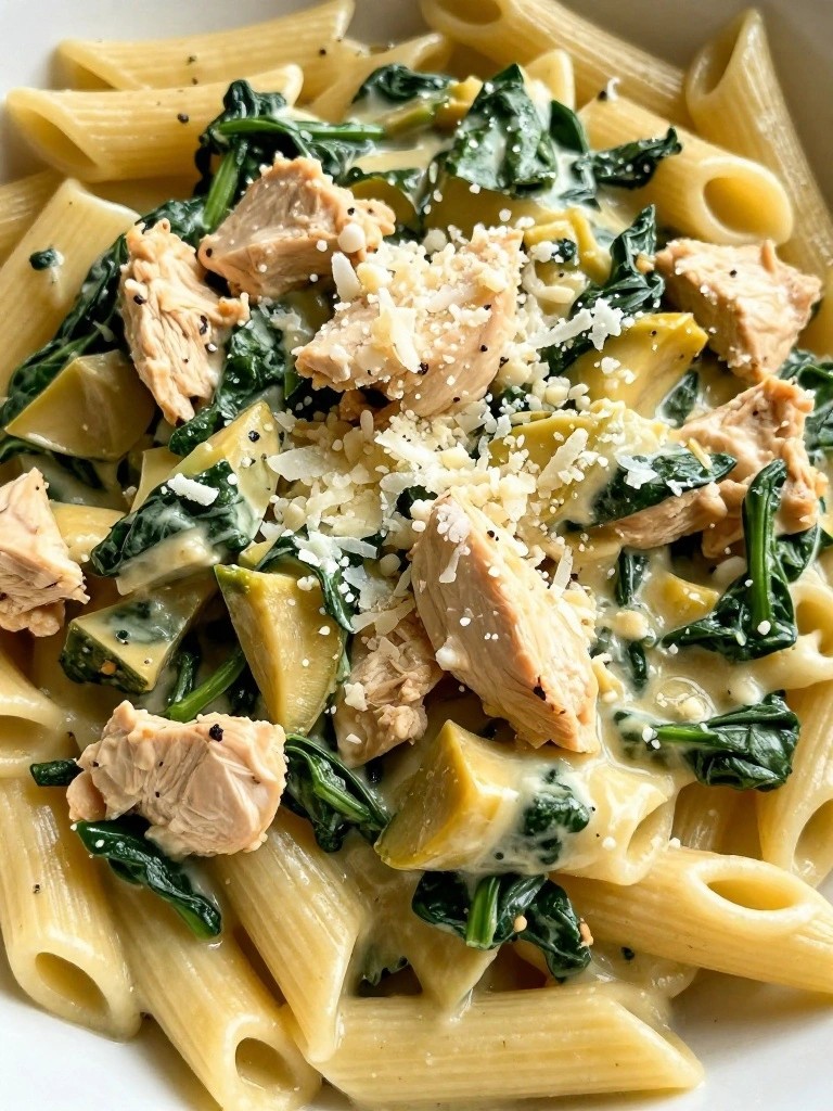 Creamy penne pasta with chicken, spinach, and artichokes.