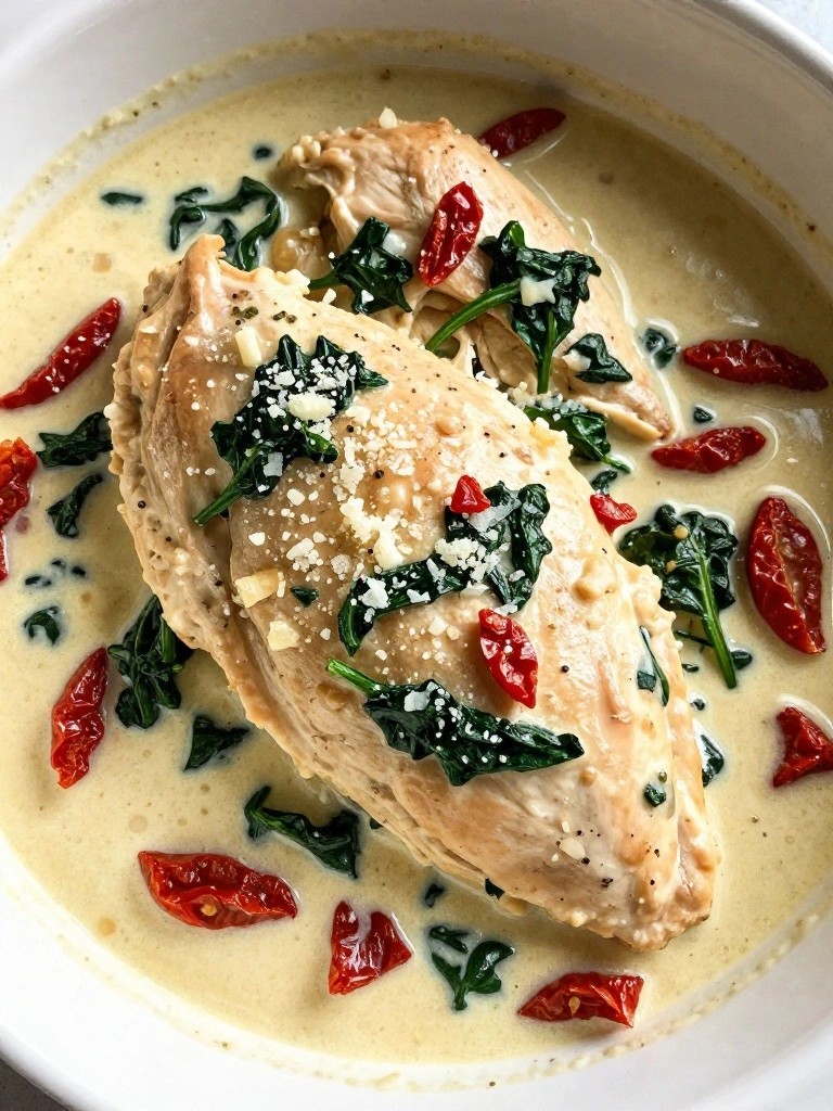 Creamy chicken breasts in sauce with spinach and sun-dried tomatoes.